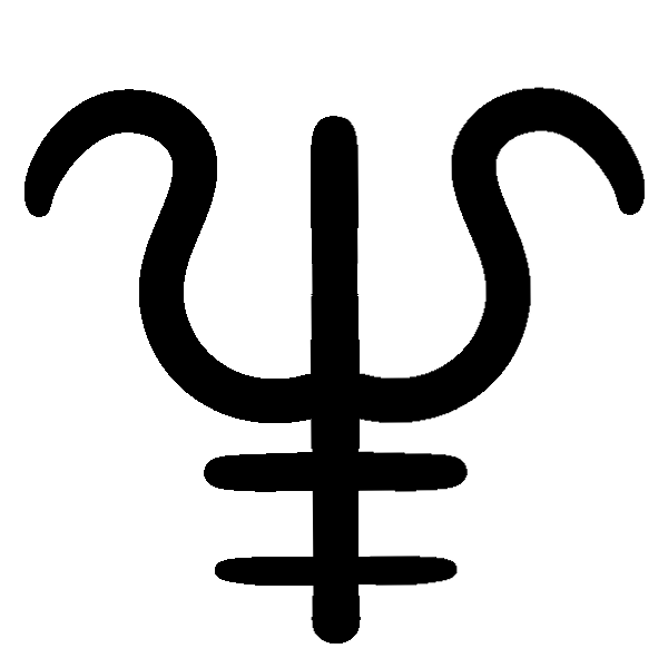 A Psi symbol with curling edges and two lines through the stem.